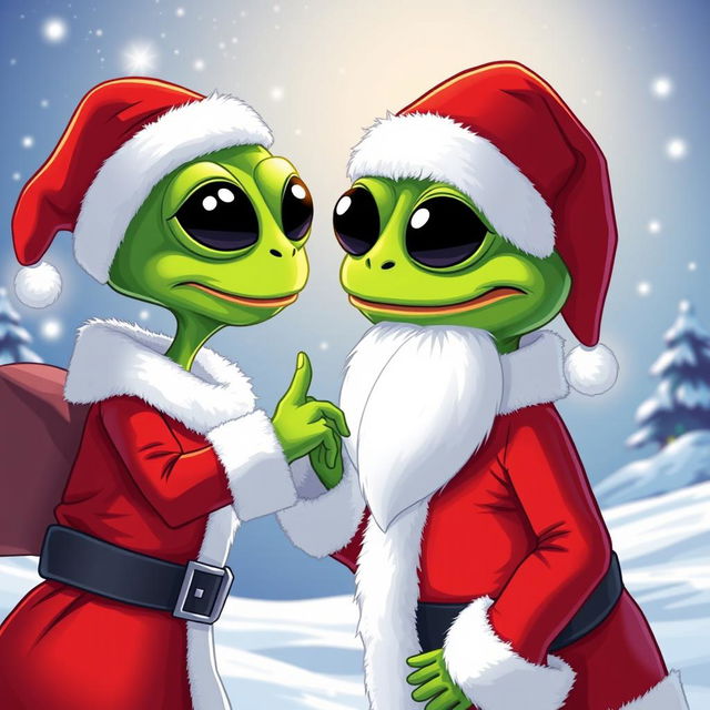 A vector art illustration featuring the character Pepe the Frog dressed as Santa Claus, engaging in a friendly handshake with an alien