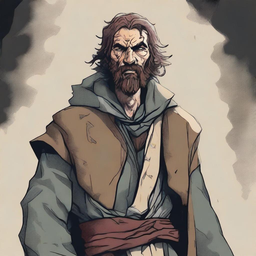 This is a detailed comic-style illustration of a scruffy, homeless fighter from a fantasy world akin to DnD