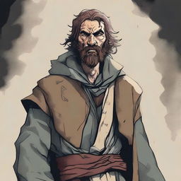 This is a detailed comic-style illustration of a scruffy, homeless fighter from a fantasy world akin to DnD