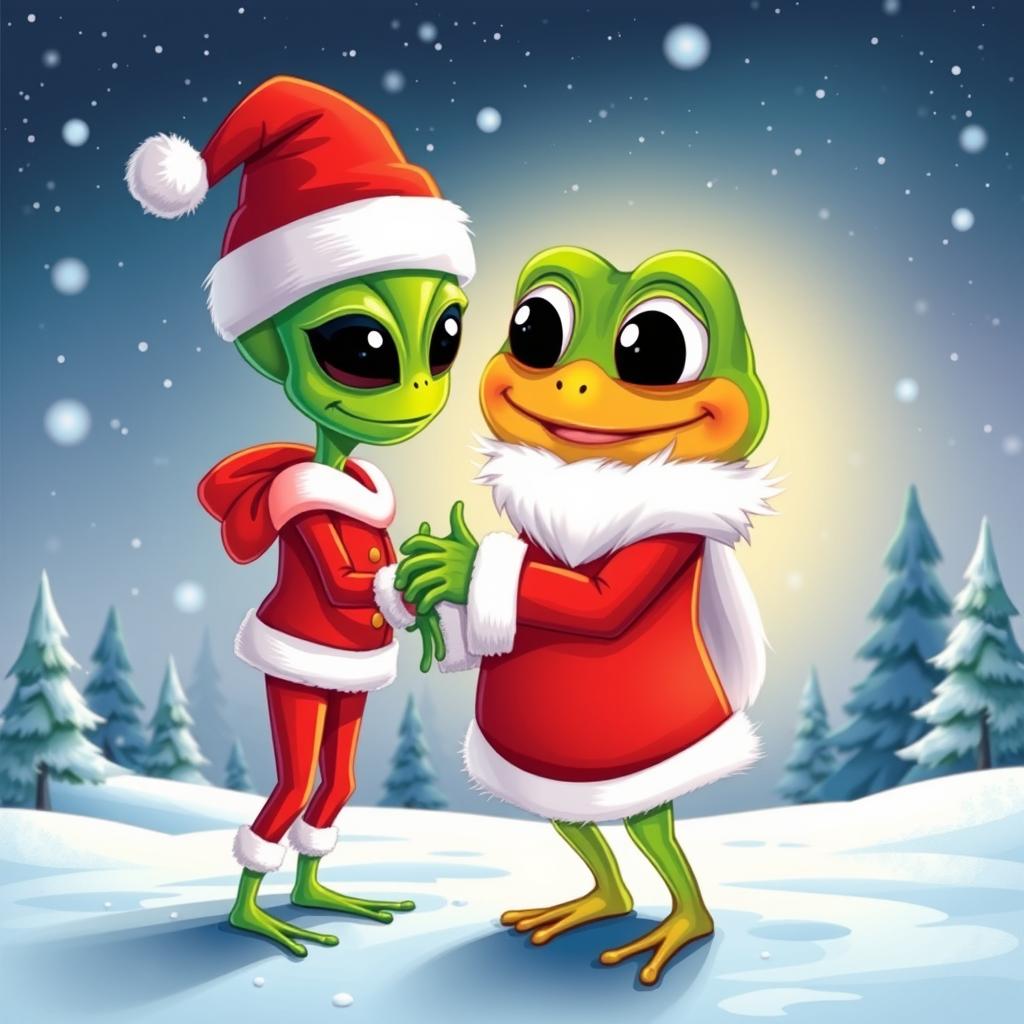 A vector art illustration featuring the character Pepe the Frog dressed as Santa Claus, engaging in a friendly handshake with an alien