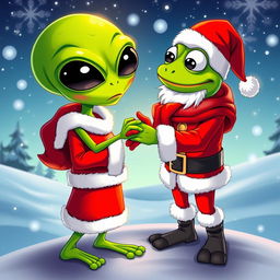 A vector art illustration featuring the character Pepe the Frog dressed as Santa Claus, engaging in a friendly handshake with an alien