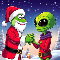 A vector art illustration featuring the character Pepe the Frog dressed as Santa Claus, engaging in a friendly handshake with an alien