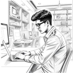 A detailed sketch of a young man named Uday working in a modern cyber cafe computer studio