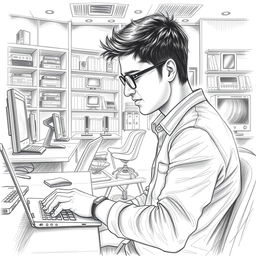 A detailed sketch of a young man named Uday working in a modern cyber cafe computer studio