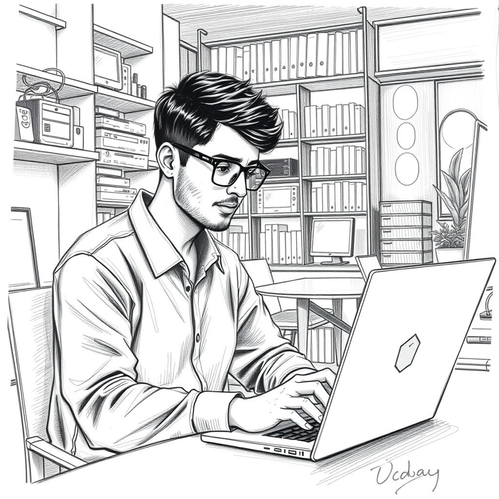 A detailed sketch of a young man named Uday working in a modern cyber cafe computer studio