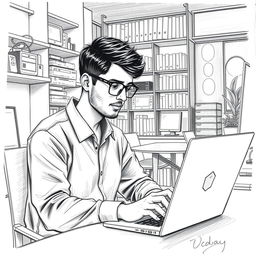 A detailed sketch of a young man named Uday working in a modern cyber cafe computer studio