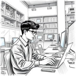 A detailed sketch of a young man named Uday working in a modern cyber cafe computer studio