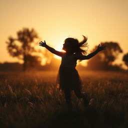 A beautifully artistic silhouette of a little girl playing joyfully in a sunlit field