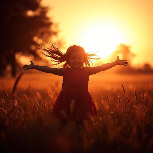 A beautifully artistic silhouette of a little girl playing joyfully in a sunlit field