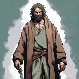 This is a detailed comic-style illustration of a scruffy, homeless fighter from a fantasy world akin to DnD