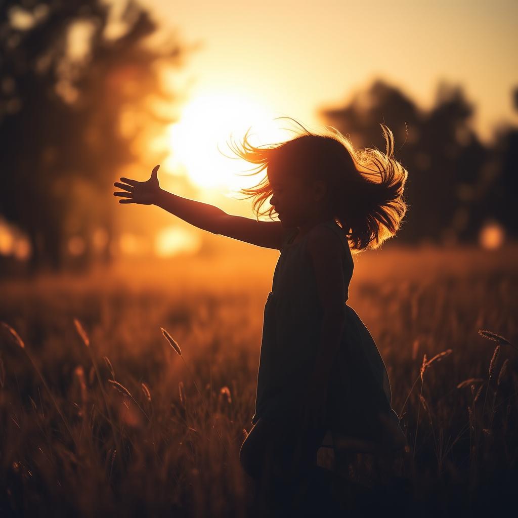 A beautifully artistic silhouette of a little girl playing joyfully in a sunlit field