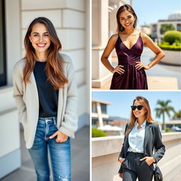 A series of four photos featuring the same attractive 35-year-old European woman, each showcasing different styles and expressions