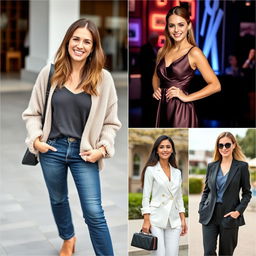 A series of four photos featuring the same attractive 35-year-old European woman, each showcasing different styles and expressions