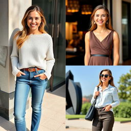 A series of four photos featuring the same attractive 35-year-old European woman, each showcasing different styles and expressions