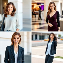 A series of four photos featuring the same attractive 35-year-old European woman, each showcasing different styles and expressions