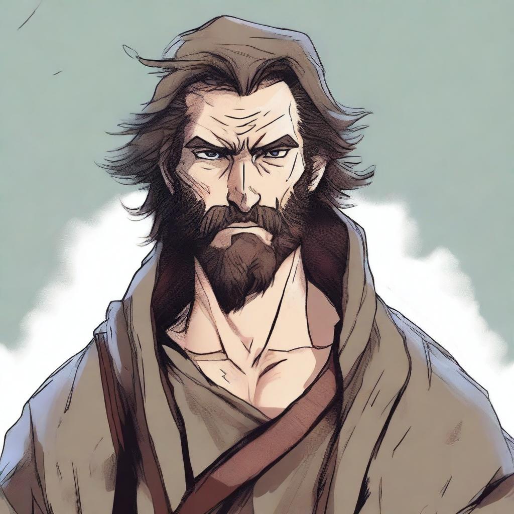 This is a detailed comic-style illustration of a scruffy, homeless fighter from a fantasy world akin to DnD