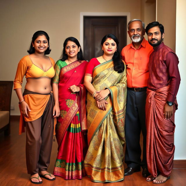 A vibrant Indian family portrait featuring five members