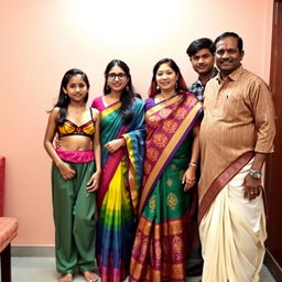 A vibrant Indian family portrait featuring five members