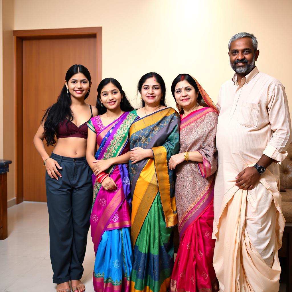 A vibrant Indian family portrait featuring five members