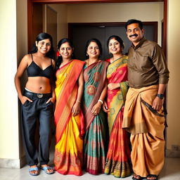 A vibrant Indian family portrait featuring five members