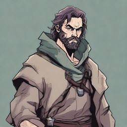 This is a detailed comic-style illustration of a scruffy, homeless fighter from a fantasy world akin to DnD