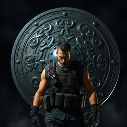 A hyper-realistic image of a determined freedom fighter standing boldly in front of a large, intricately designed shield