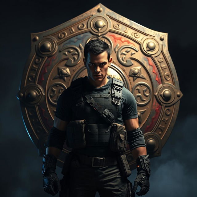 A hyper-realistic image of a determined freedom fighter standing boldly in front of a large, intricately designed shield