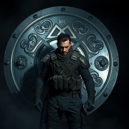 A hyper-realistic image of a determined freedom fighter standing boldly in front of a large, intricately designed shield