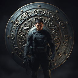 A hyper-realistic image of a determined freedom fighter standing boldly in front of a large, intricately designed shield