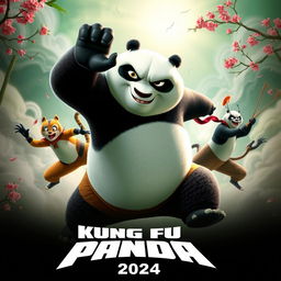 An action-packed teaser poster for 'Kung Fu Panda 4 (2024)', featuring Po the Panda in an epic martial arts pose, showcasing his signature clumsy yet determined expression