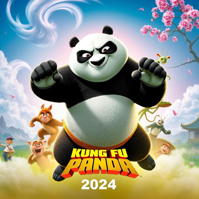 An action-packed teaser poster for 'Kung Fu Panda 4 (2024)', featuring Po the Panda in an epic martial arts pose, showcasing his signature clumsy yet determined expression