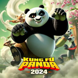 An action-packed teaser poster for 'Kung Fu Panda 4 (2024)', featuring Po the Panda in an epic martial arts pose, showcasing his signature clumsy yet determined expression