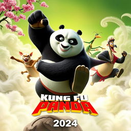 An action-packed teaser poster for 'Kung Fu Panda 4 (2024)', featuring Po the Panda in an epic martial arts pose, showcasing his signature clumsy yet determined expression