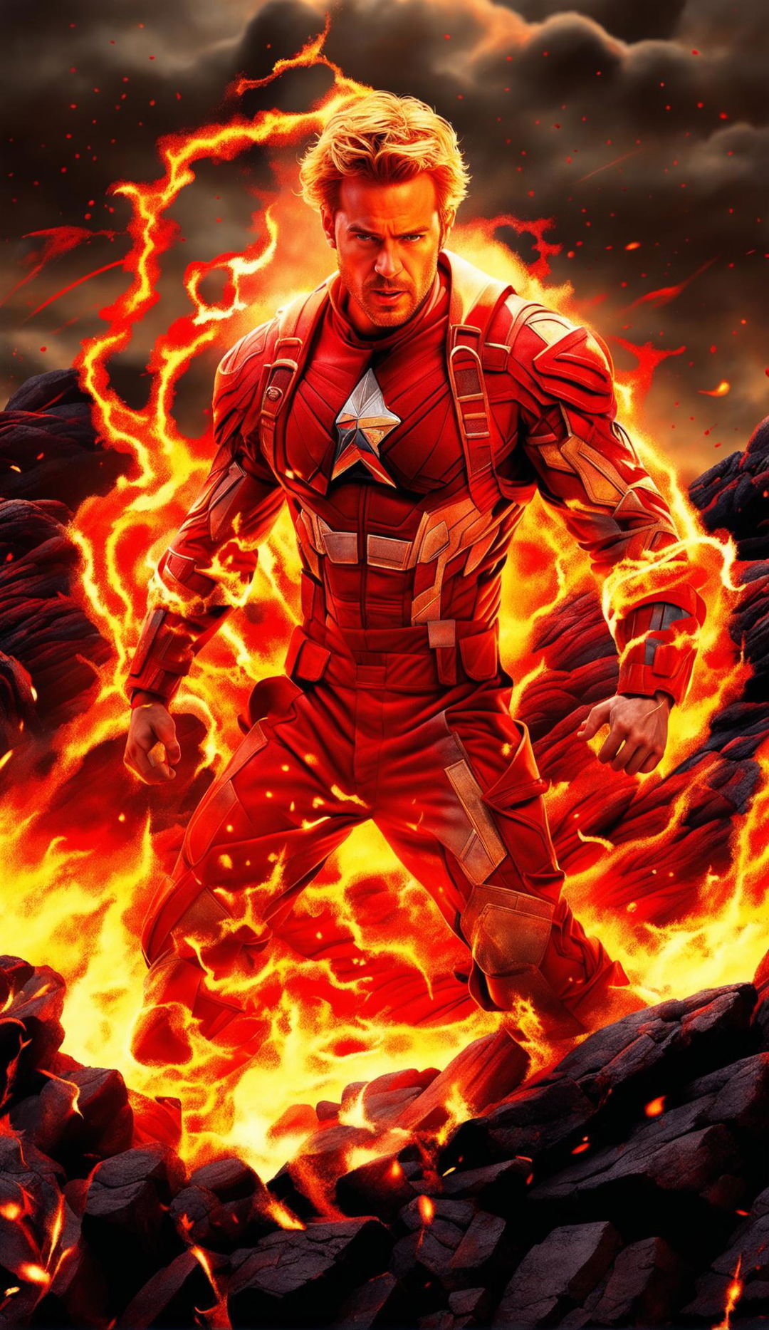 A high-quality digital artwork featuring Chris Evans in red robes, throwing fire from his hands, surrounded by a sea of molten lava and erupting volcanoes