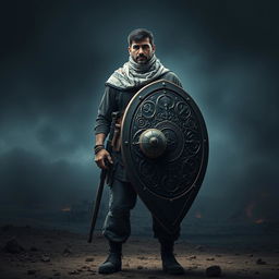 A hyper-realistic image of a courageous freedom fighter standing resolutely on a battlefield, with a large, intricately designed shield positioned behind them