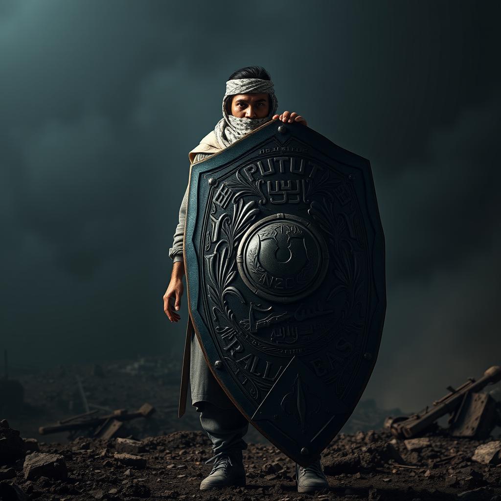 A hyper-realistic image of a courageous freedom fighter standing resolutely on a battlefield, with a large, intricately designed shield positioned behind them