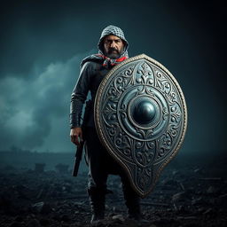 A hyper-realistic image of a courageous freedom fighter standing resolutely on a battlefield, with a large, intricately designed shield positioned behind them
