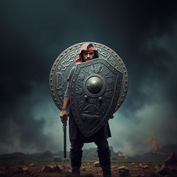 A hyper-realistic image of a courageous freedom fighter standing resolutely on a battlefield, with a large, intricately designed shield positioned behind them