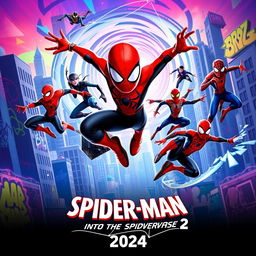 A visually stunning teaser poster for 'Spider-Man: Into the Spider-Verse 2 (2024)', featuring multiple versions of Spider-Man from different dimensions leaping into action against a vibrant cityscape
