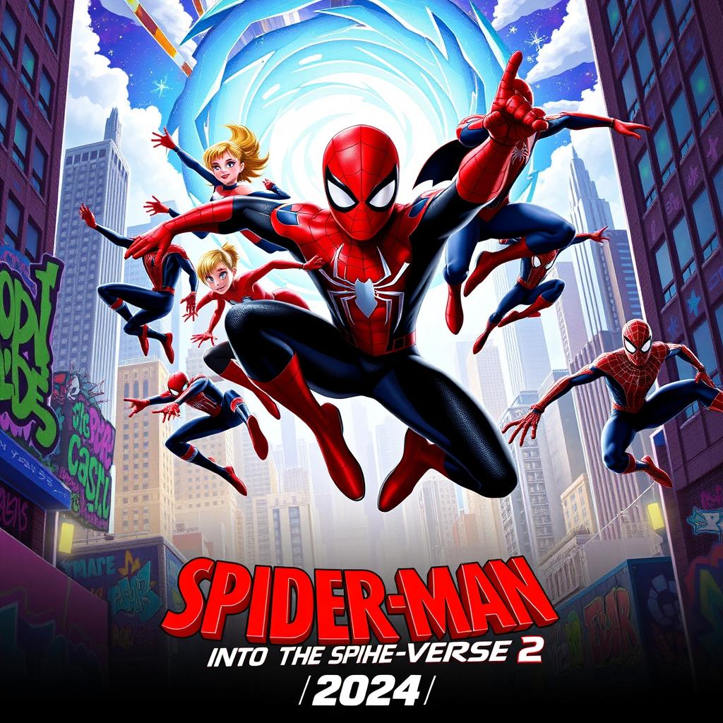 A visually stunning teaser poster for 'Spider-Man: Into the Spider-Verse 2 (2024)', featuring multiple versions of Spider-Man from different dimensions leaping into action against a vibrant cityscape