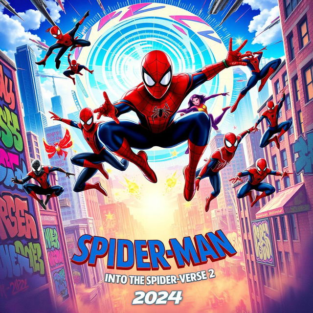 A visually stunning teaser poster for 'Spider-Man: Into the Spider-Verse 2 (2024)', featuring multiple versions of Spider-Man from different dimensions leaping into action against a vibrant cityscape