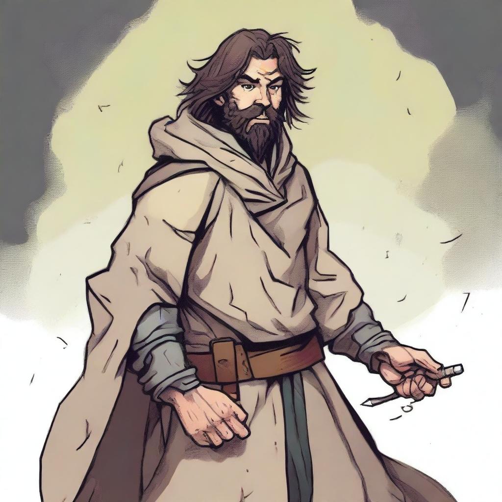 This is a high-quality comic-style illustration of a scruffy, yet happy, homeless fighter from a fantasy world reminiscent of DnD