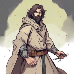 This is a high-quality comic-style illustration of a scruffy, yet happy, homeless fighter from a fantasy world reminiscent of DnD