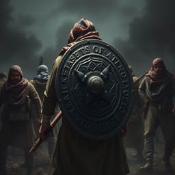 A hyper-realistic image depicting a group of freedom fighters on a battlefield, with one fighter prominently shown having a large, intricately designed shield protecting their back