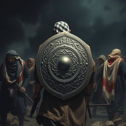 A hyper-realistic image depicting a group of freedom fighters on a battlefield, with one fighter prominently shown having a large, intricately designed shield protecting their back