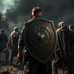 A hyper-realistic image depicting a group of freedom fighters on a battlefield, with one fighter prominently shown having a large, intricately designed shield protecting their back