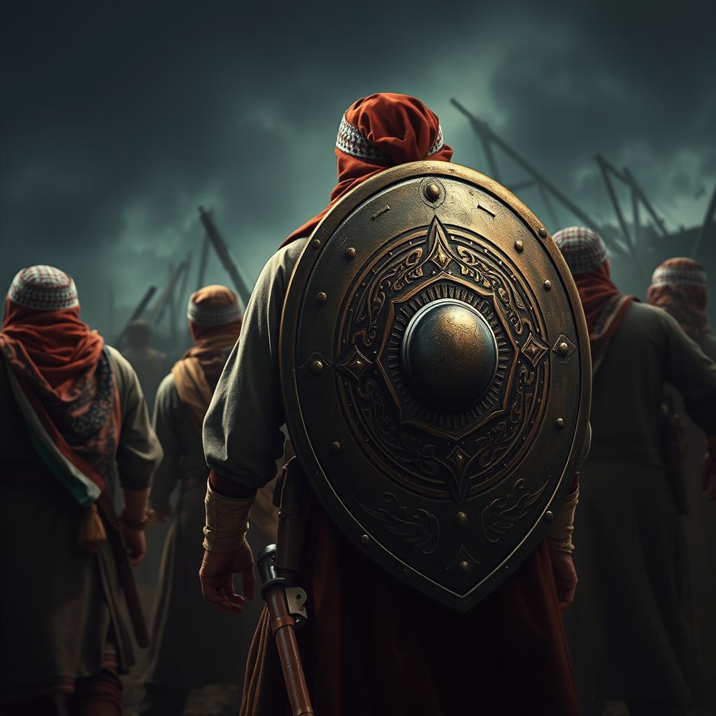 A hyper-realistic image depicting a group of freedom fighters on a battlefield, with one fighter prominently shown having a large, intricately designed shield protecting their back