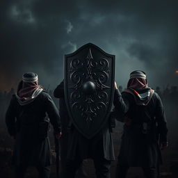 A hyper-realistic image of freedom fighters on a battlefield, with a prominent black shield positioned to protect their backs