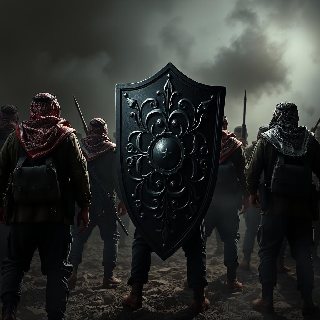 A hyper-realistic image of freedom fighters on a battlefield, with a prominent black shield positioned to protect their backs