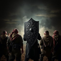 A hyper-realistic image of freedom fighters on a battlefield, with a prominent black shield positioned to protect their backs